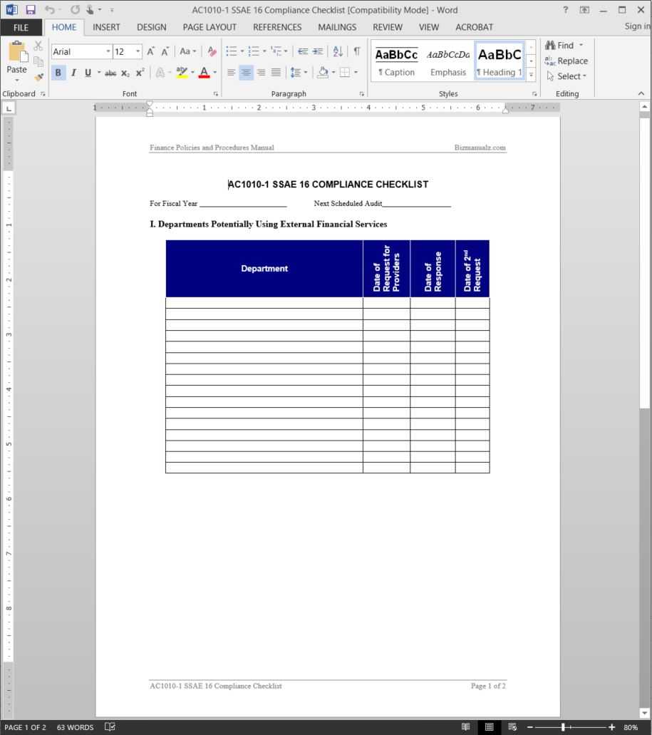 Ssae 16 Compliance Checklist Template | Ac1010 1 Regarding Ssae 16 Report Template
