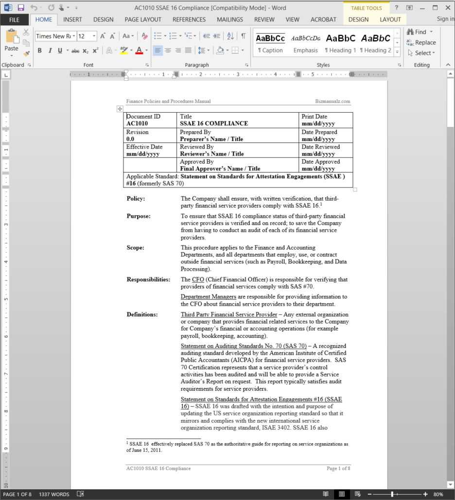 Ssae 16 Compliance Procedure | Ac1010 With Regard To Ssae 16 Report Template