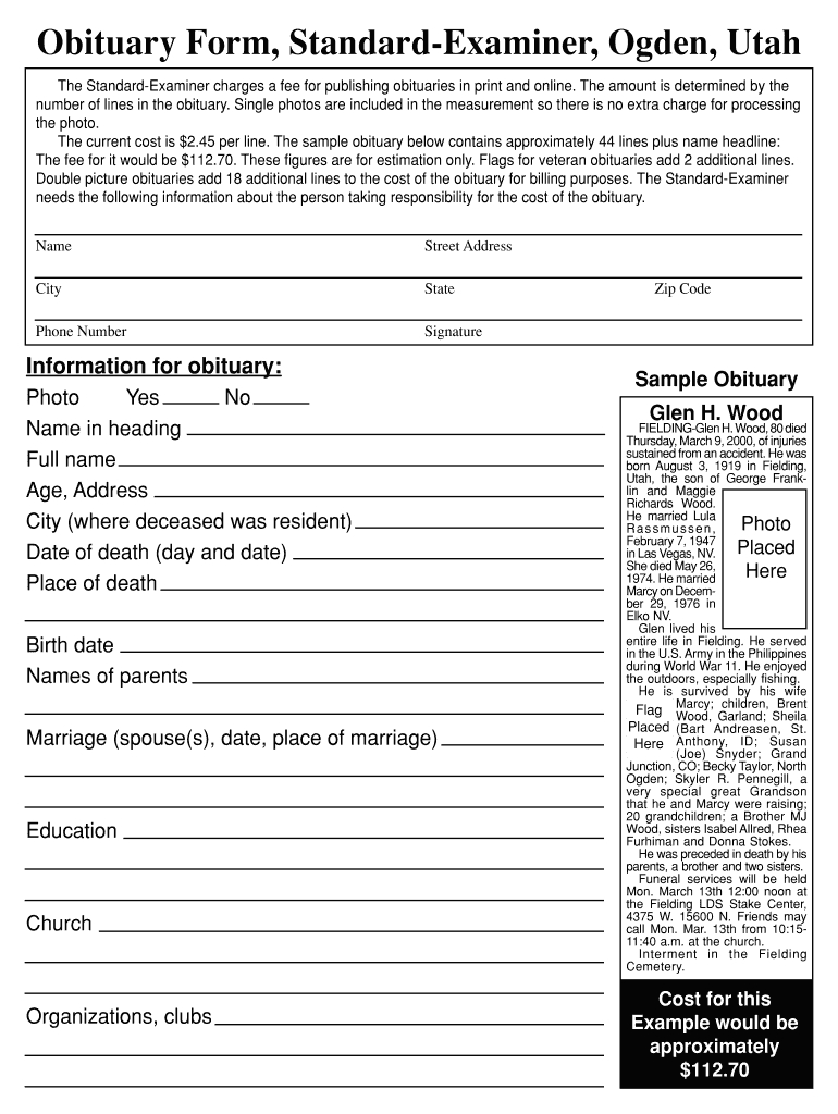 Standard Examiner Obituaries – Fill Online, Printable Intended For Fill In The Blank Obituary Template