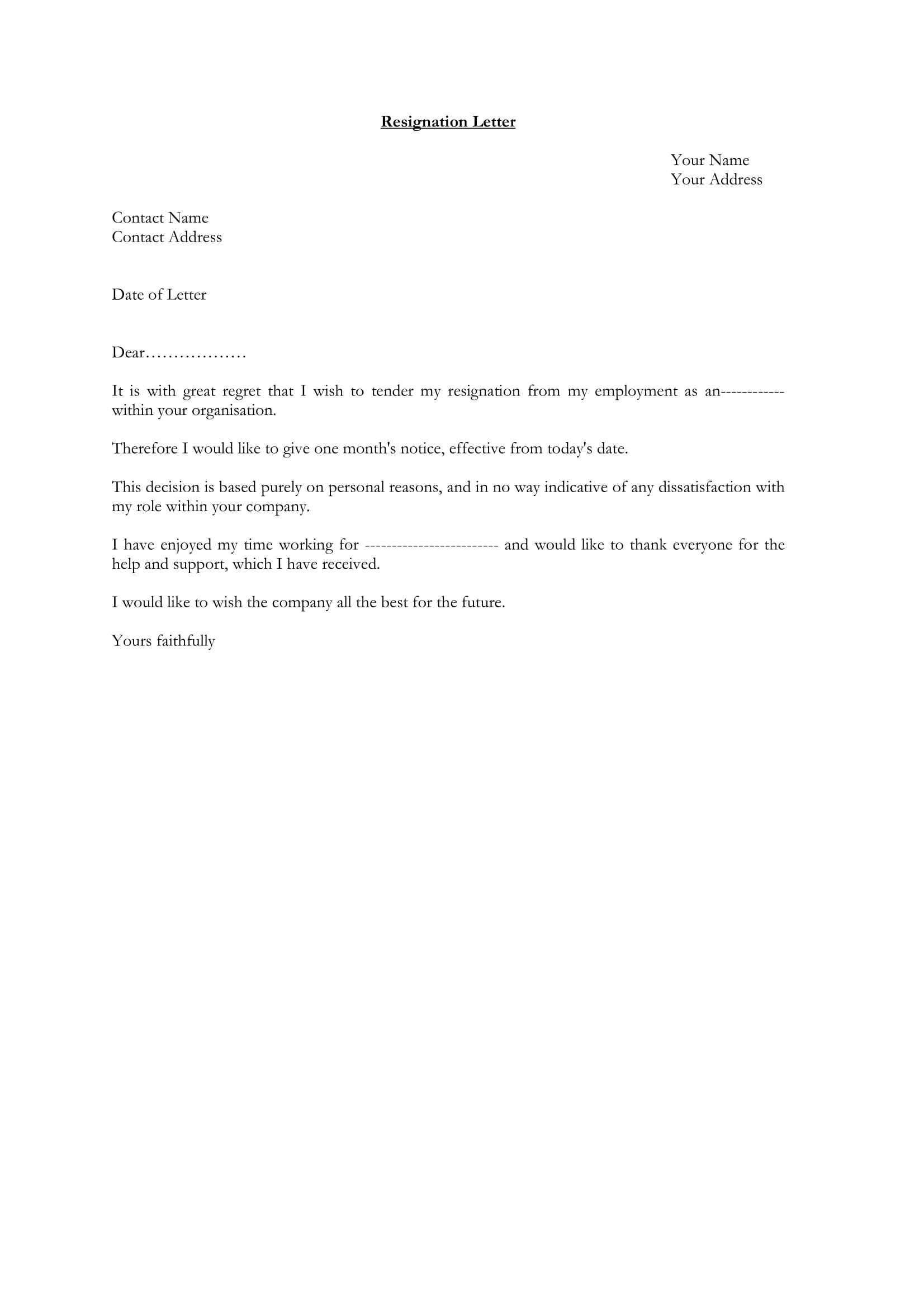 Standard Letter Of Resignation – Tomope.zaribanks.co With Two Week Notice Template Word