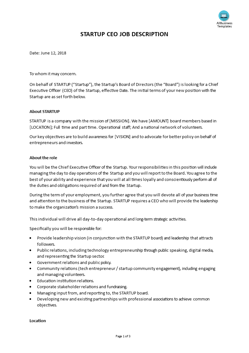 Startup Ceo Job Description | Templates At Intended For Ceo Report To Board Of Directors Template