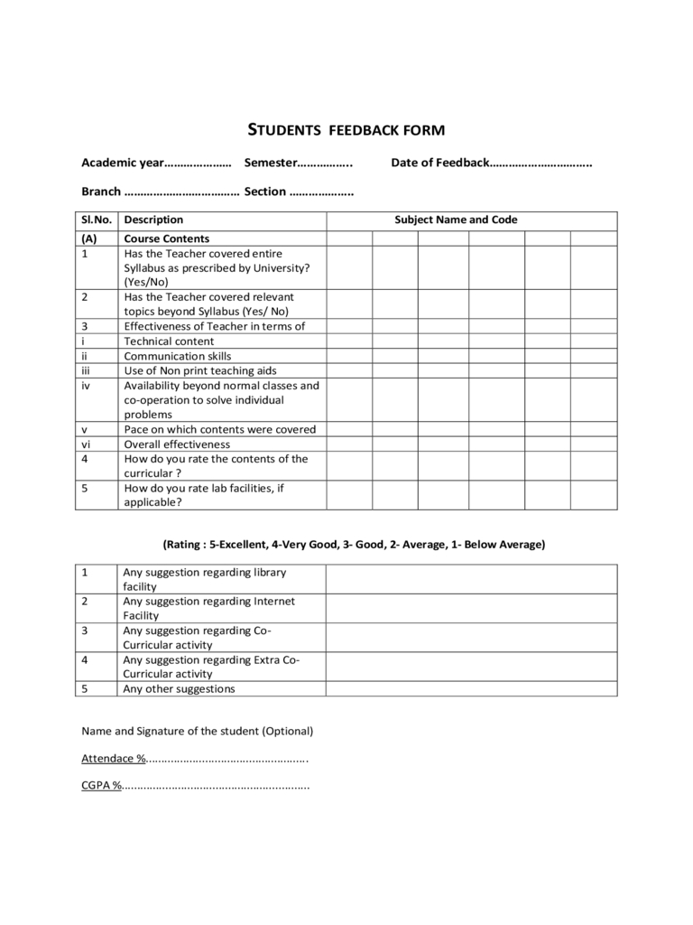 Students Feedback Form - 2 Free Templates In Pdf, Word Intended For Student Feedback Form Template Word