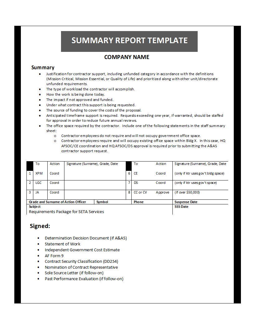 Summary Report Template For Report Requirements Template
