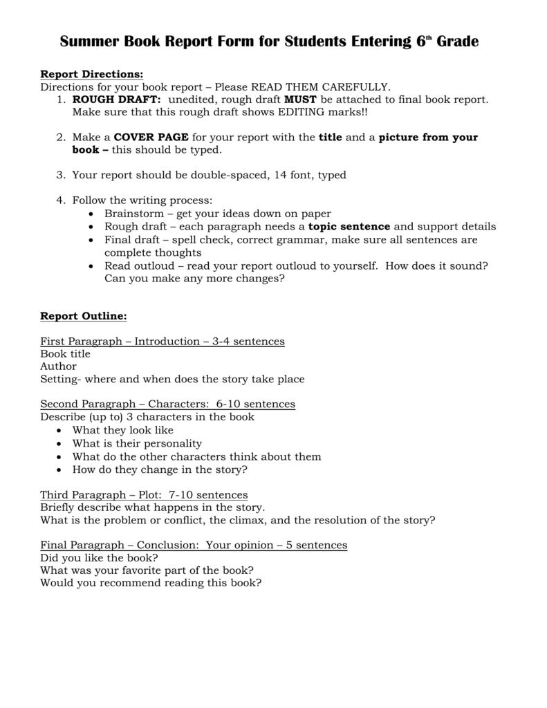 Summer Book Report Form For Students Entering 6Th Grade Pertaining To Book Report Template 6Th Grade