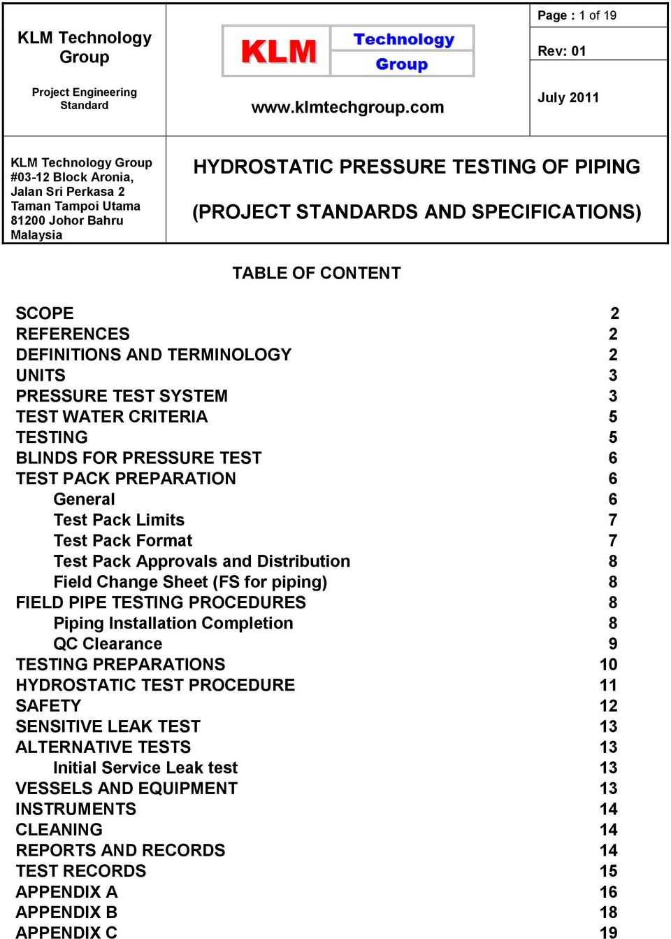 Table Of Content – Pdf Free Download Within Hydrostatic Pressure Test Report Template