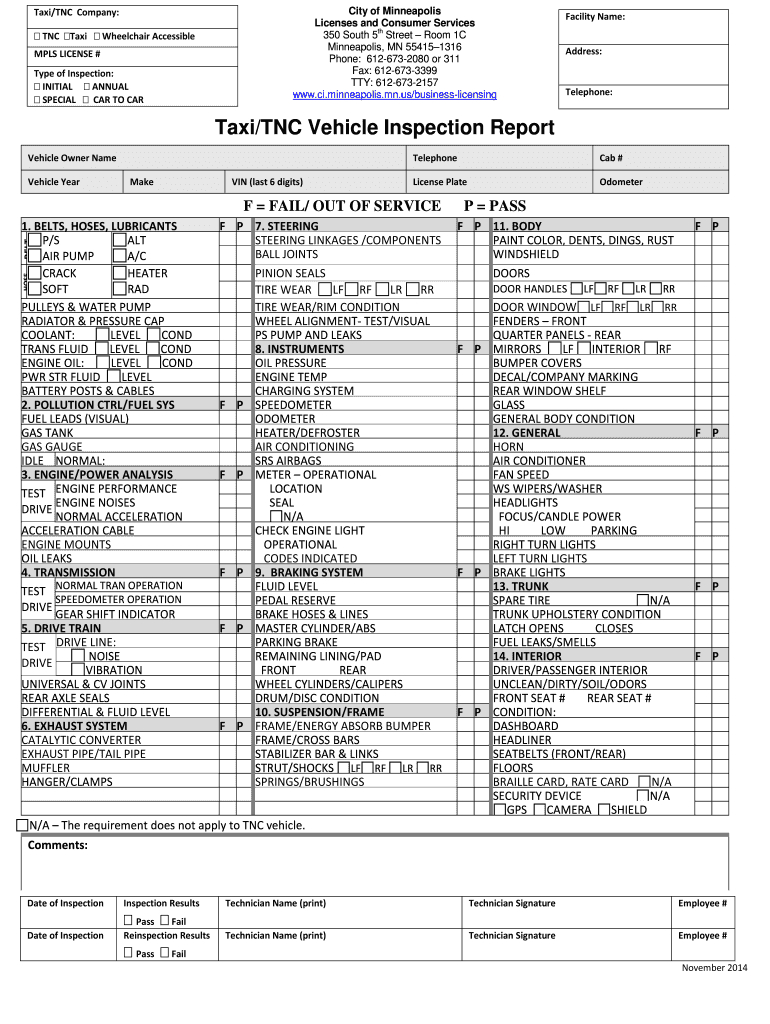 Taxi Tnc Vehicle Inspection Report - Fill Online, Printable For Vehicle Inspection Report Template