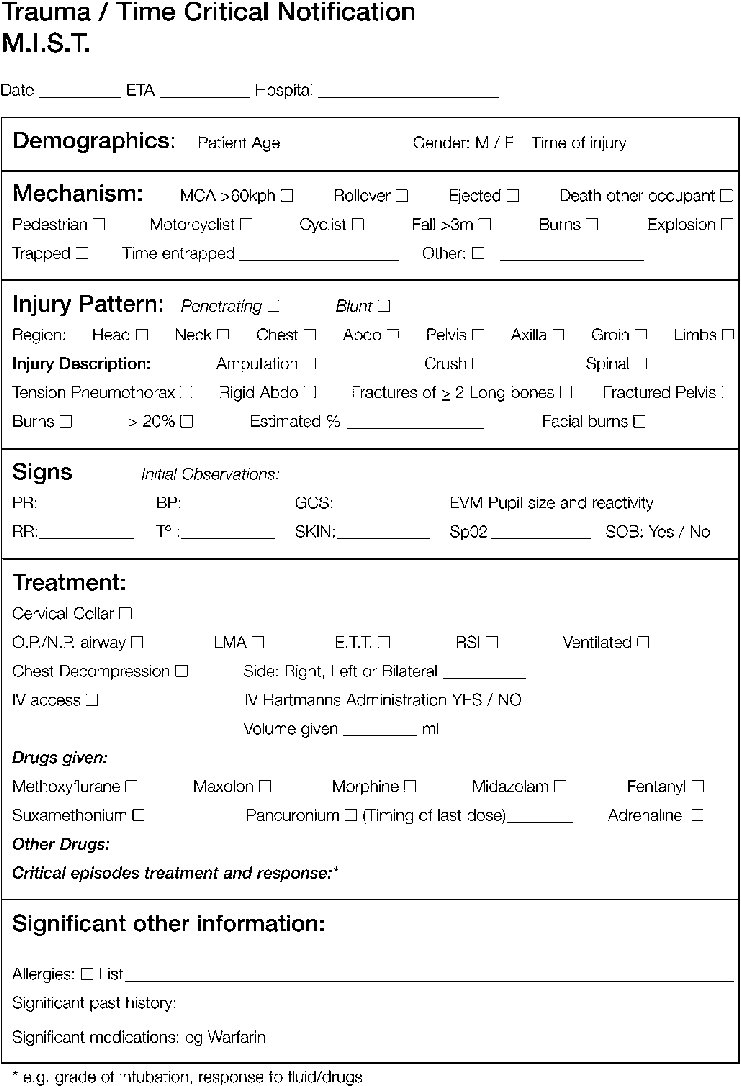 The Mist Template. (M – Mechanism Of Injury/illness, I Inside Patient Care Report Template