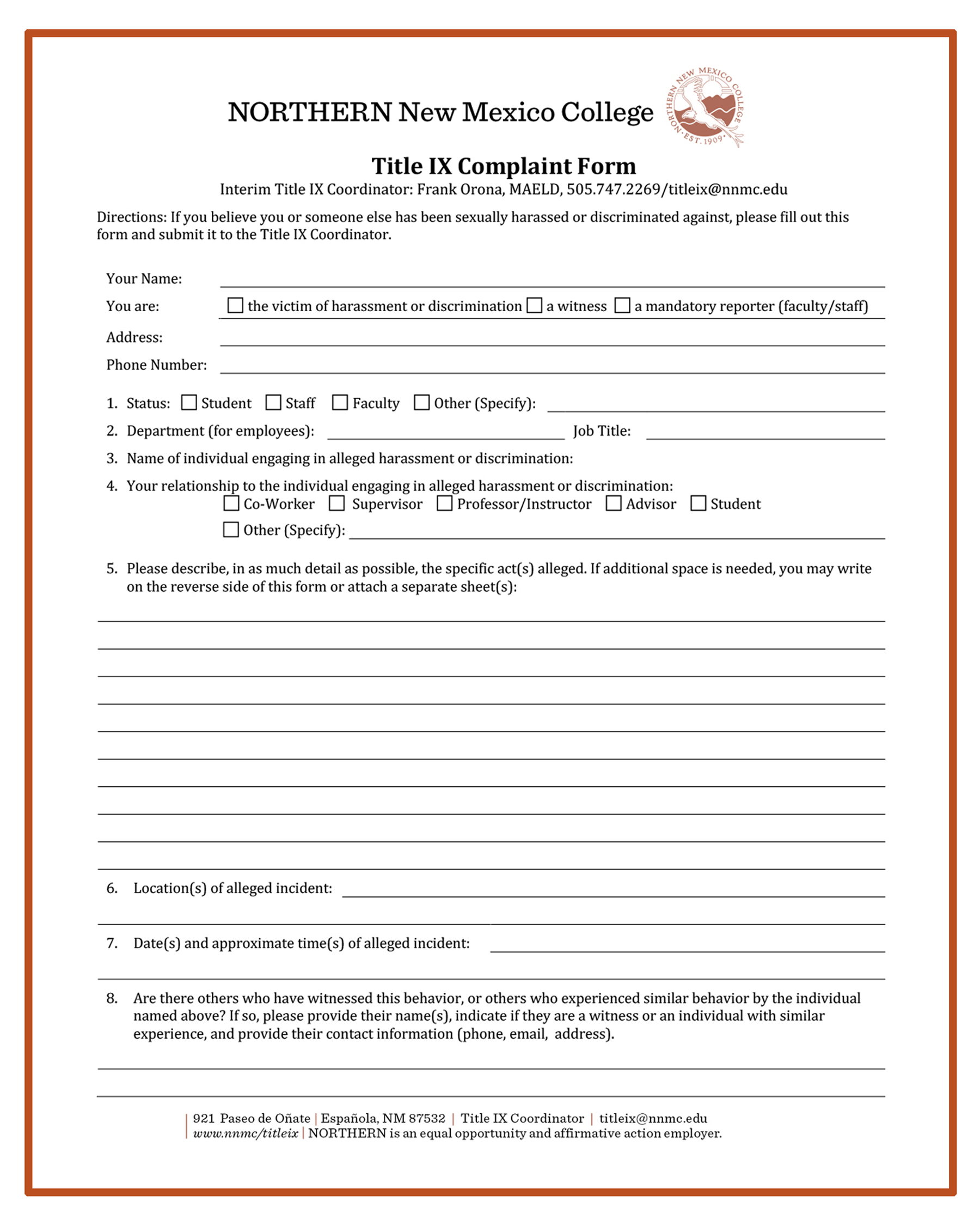 Title Ix Grievance Policy (1320) | Northern New Mexico College Within Sexual Harassment Investigation Report Template