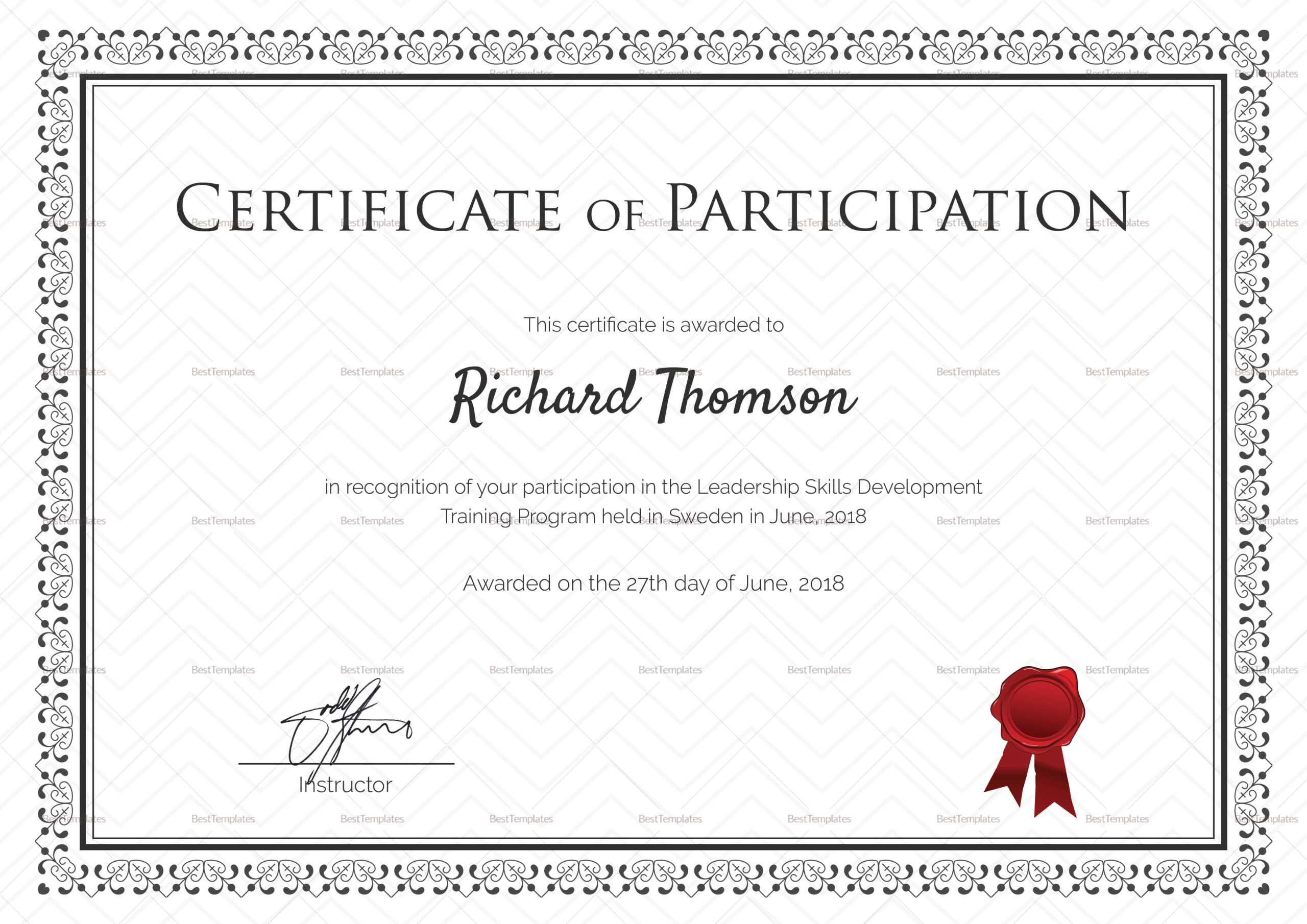 Training Participation Certificate Template For Certificate Of Participation Template Word