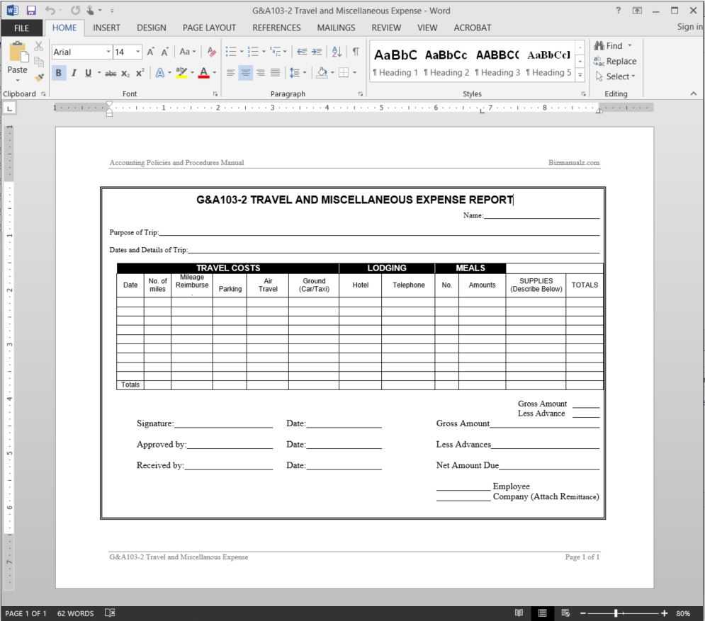 Travel Miscellaneous Expense Report Template | G&a103 2 Throughout Company Expense Report Template