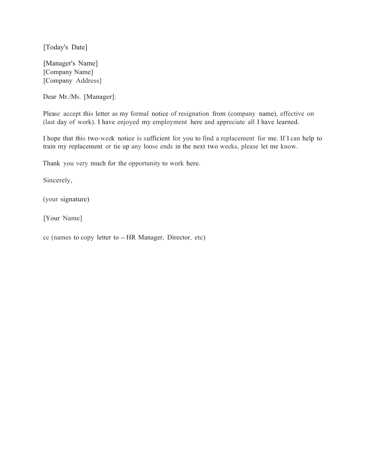 2 Weeks Notice Template Word Sample Design Templates