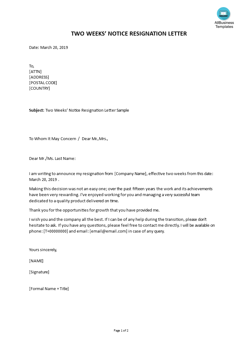 Two Weeks Notice Resignation | Templates At Inside 2 Weeks Notice Template Word