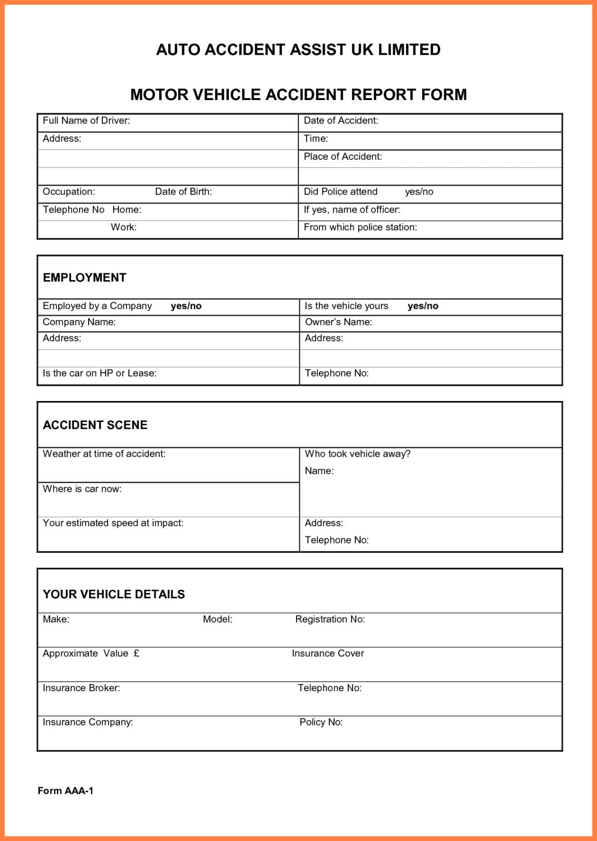 Motor Vehicle Accident Report Form Template - Sample Design Templates