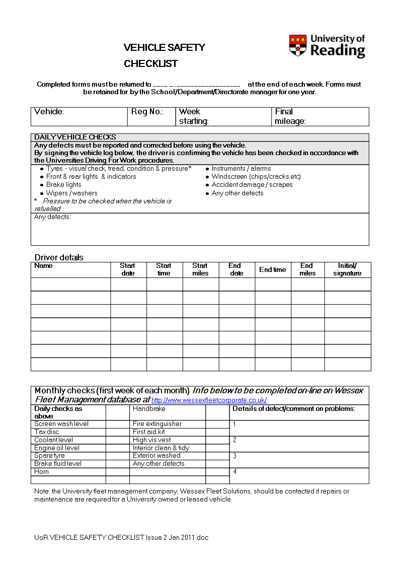 Vehicle Safety Checklist Word | Templates At Pertaining To Vehicle Checklist Template Word