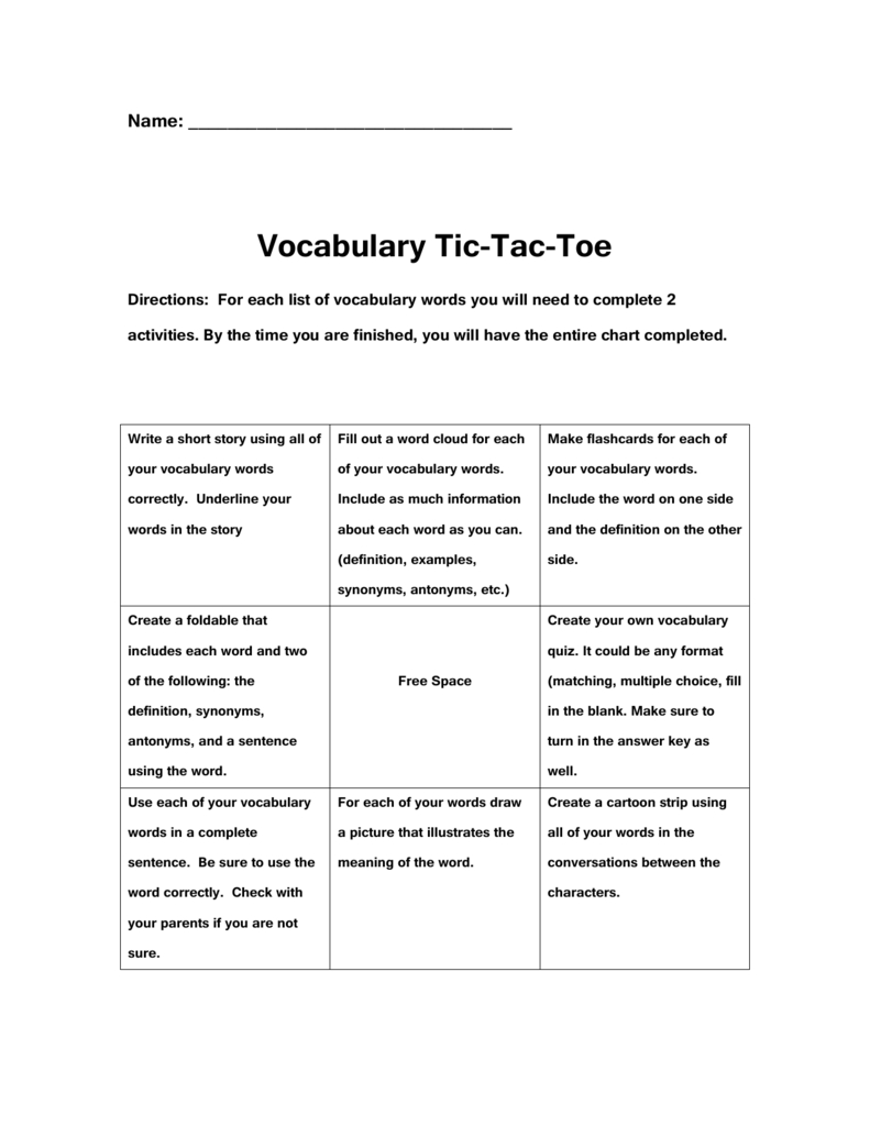 Vocabulary Tic Tac Toe Regarding Tic Tac Toe Template Word