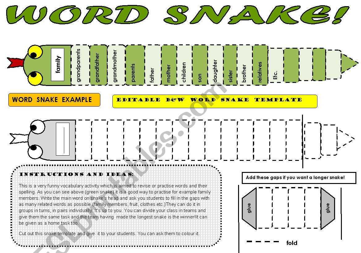 Word Snake – Fun Vocabulary Activity With Editable B&w With Regard To Vocabulary Words Worksheet Template